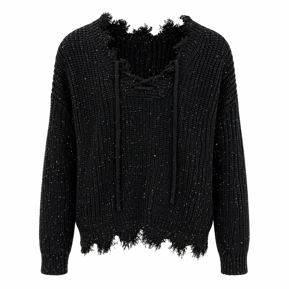 Black Confetti Speckled‎ Grunge Lace Up Neck Shred Gothic Sweater Womens Size S